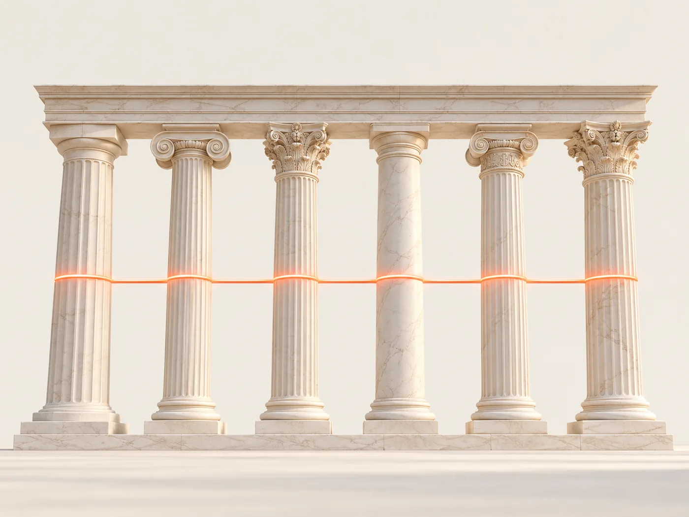 Six colonnes grecques de styles différents portant le même fronton, reliées par une ligne orange